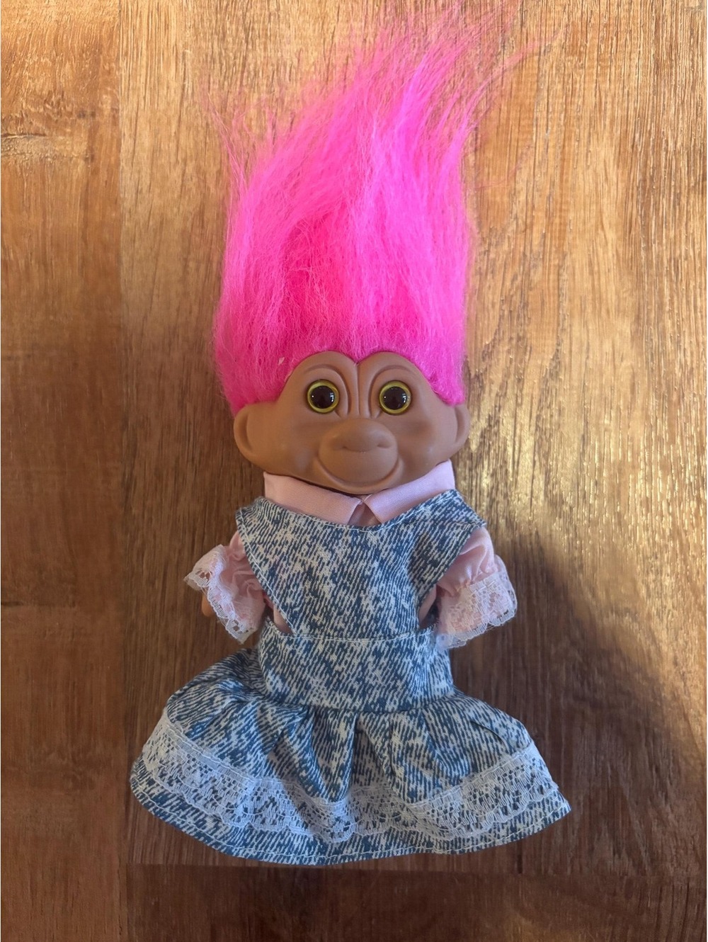 Troll Doll Vintage Girl Troll Pink Hair in Long Denim Dress Pink Shirt 5” EUC